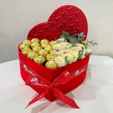 Roses and Ferrero in Red Heart Box